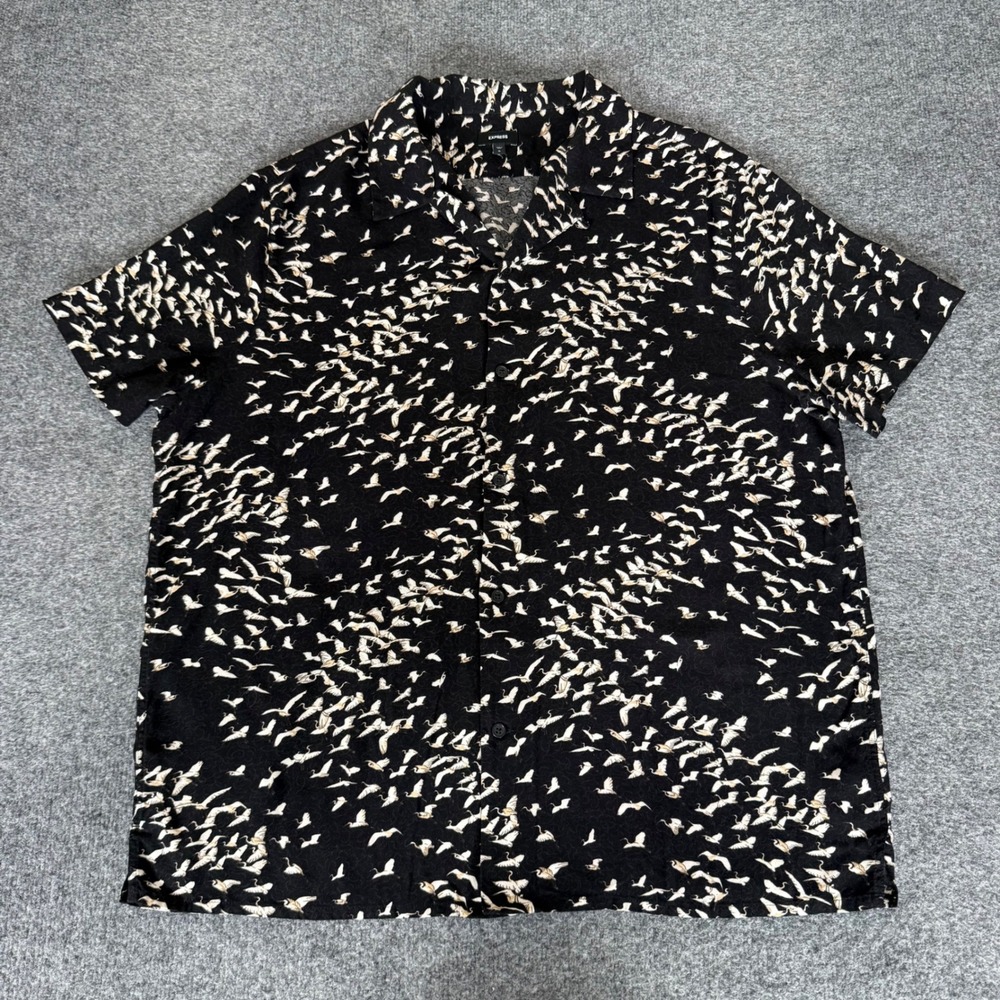 Express Mens XL Black Rayon Bird Print Short Sleeve Button Up Camp Shirt Aloha